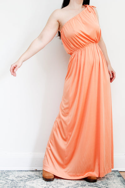 1970's Grecian One Shoulder Peach Maxi Dress