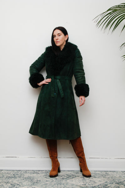 1970's Green Suede Penny Lane Sheepskin Trench Coat