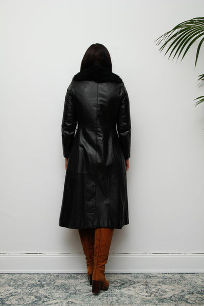 1970's Black Leather Trench Coat with Fur Collar