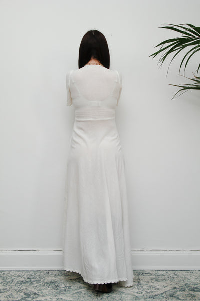 Vintage Cream Cotton Floral Cheesecloth Maxi Kaftan Dress