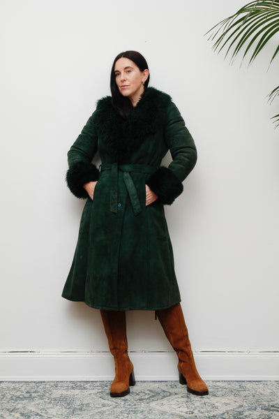 1970's Green Suede Penny Lane Sheepskin Trench Coat