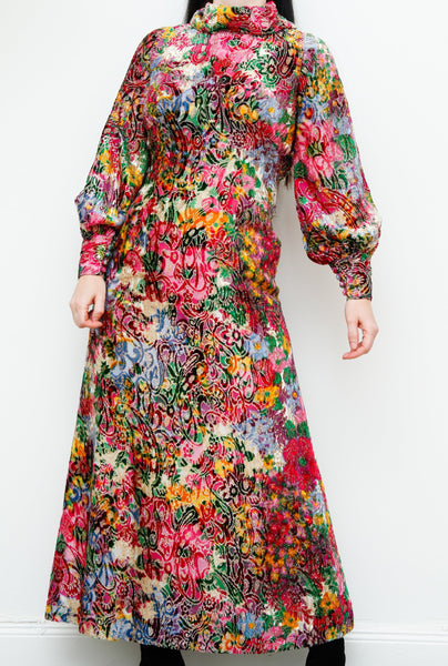 1970's Rare Floral Velvet Gold Bishop Sleeve Velvet Maxi Dress