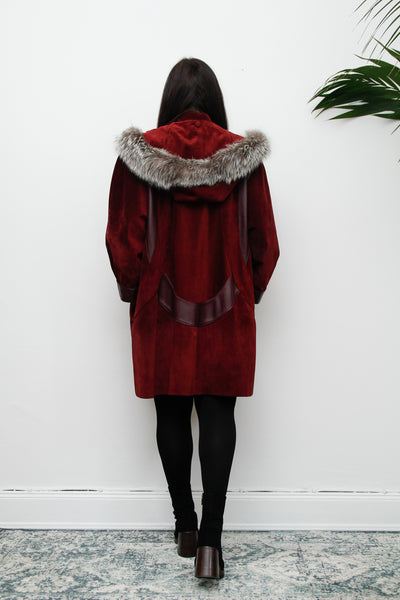 Vintage 80's Fox Fur  Hooded Suede Parka Coat