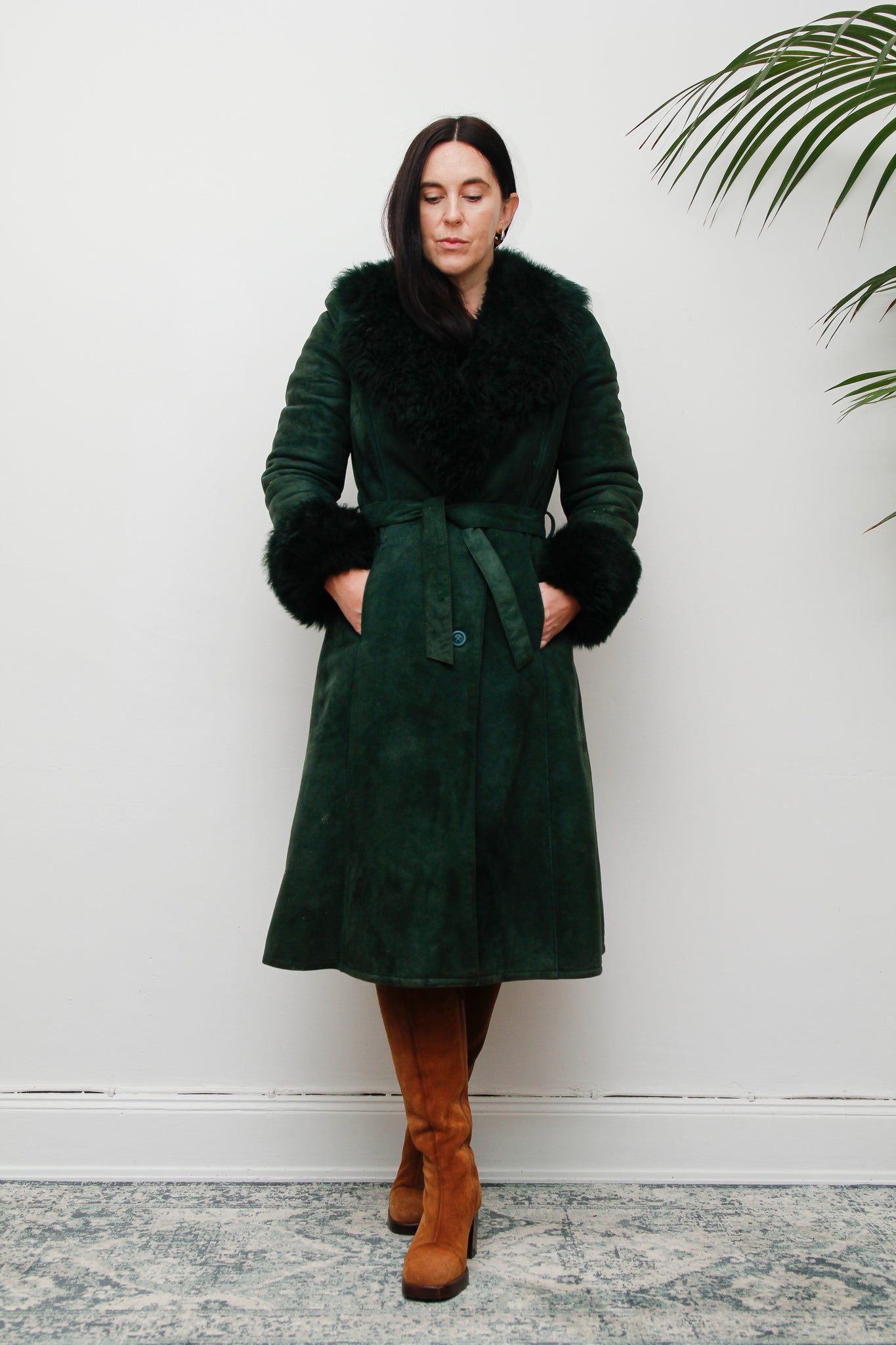 1970's Green Suede Penny Lane Sheepskin Trench Coat