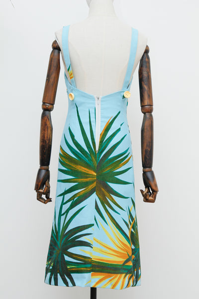 Vintage Turquoise Palm Leaf Cotton Shift Dress