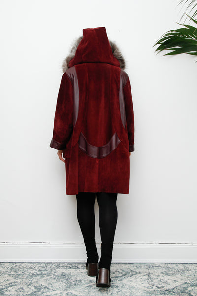 Vintage 80's Fox Fur  Hooded Suede Parka Coat