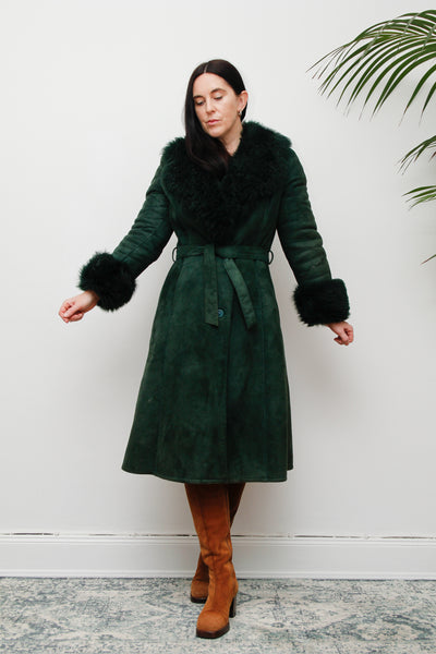 1970's Green Suede Penny Lane Sheepskin Trench Coat