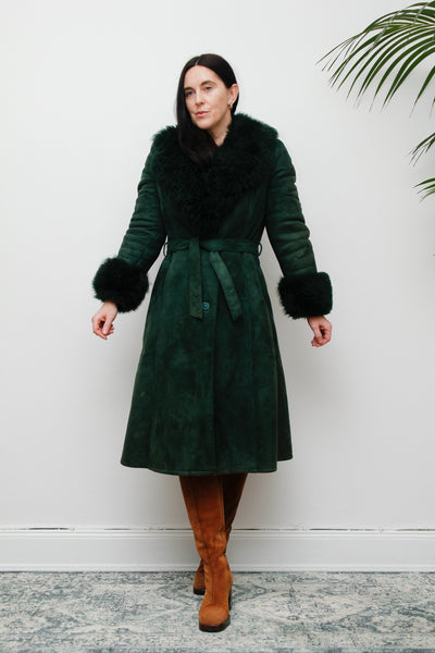 1970's Green Suede Penny Lane Sheepskin Trench Coat