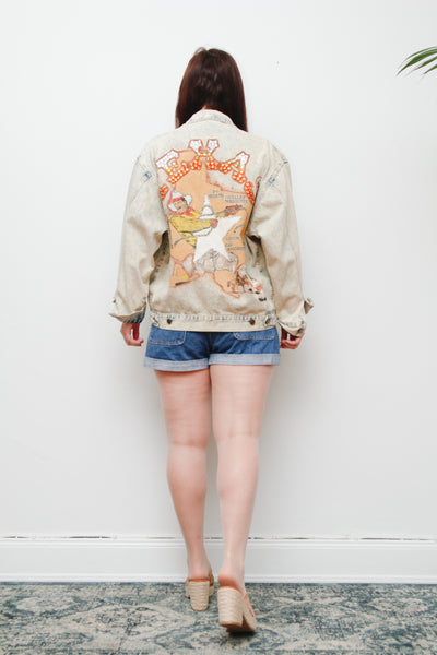 Rare Vintage Western Denim Jacket | Texas Map Rhinestone Cowboy Scene – Country Glam Beyoncé Style