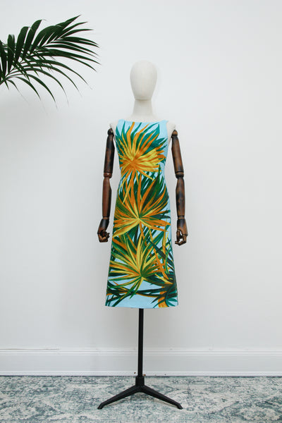 Vintage Turquoise Palm Leaf Cotton Shift Dress