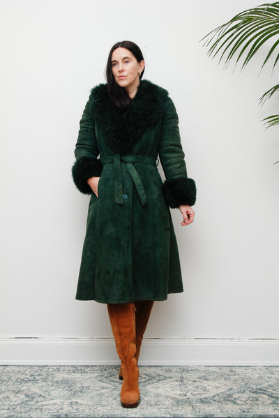 1970's Green Suede Penny Lane Sheepskin Trench Coat