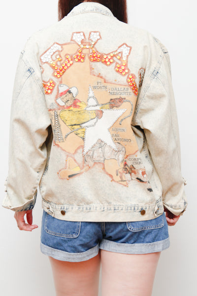 Rare Vintage Western Denim Jacket | Texas Map Rhinestone Cowboy Scene – Country Glam Beyoncé Style