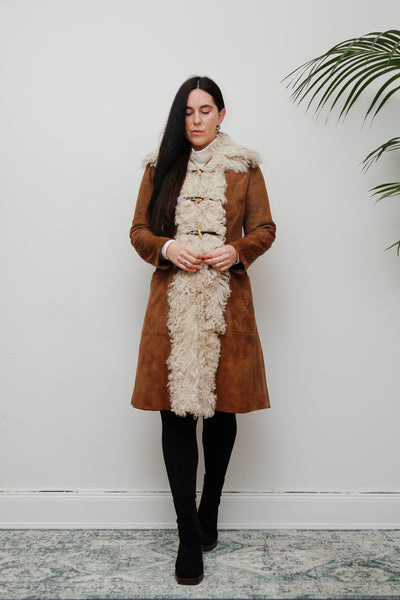 1970's Mongolian Curly Lamb Sheepskin Suede Coat