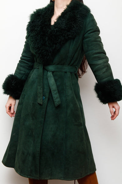 1970's Green Suede Penny Lane Sheepskin Trench Coat