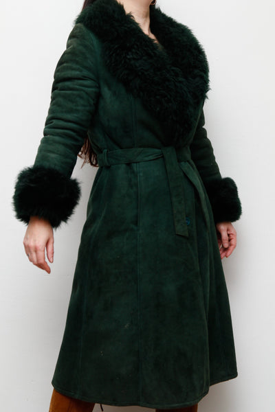 1970's Green Suede Penny Lane Sheepskin Trench Coat