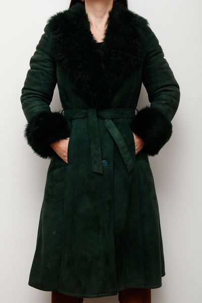 1970's Green Suede Penny Lane Sheepskin Trench Coat