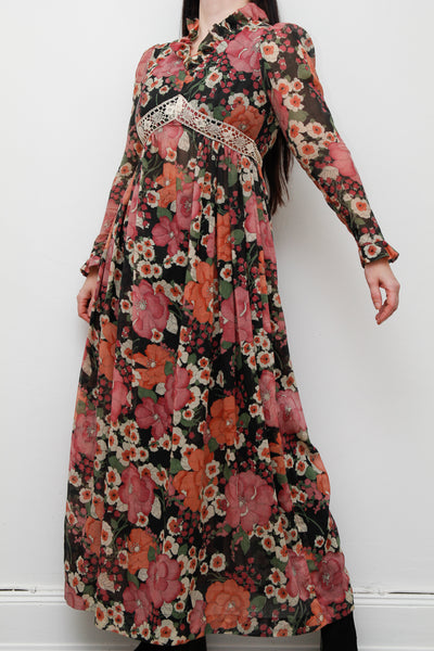 Vintage Floral Cotton Sheer Frilled Maxi Dress