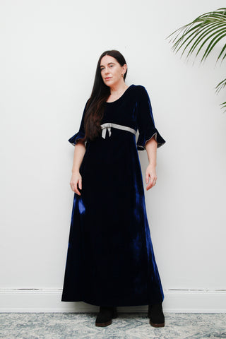 Vintage Blue Velvet Lurex Silver Bow Maxi