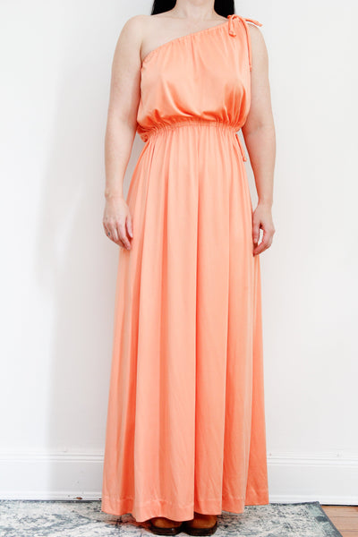 1970's Grecian One Shoulder Peach Maxi Dress