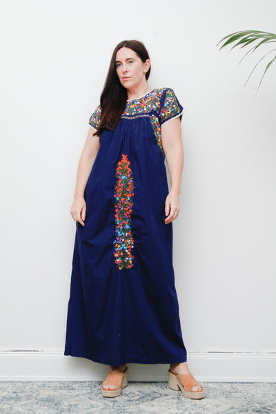 1970's Traditional Cotton Floral Embroidered Oaxacan Mexican Maxi Dress