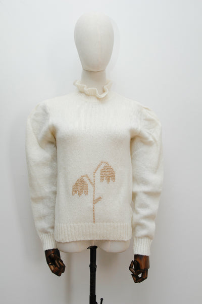 1970's Cream Gold Floral Knitted Wool Jumper
