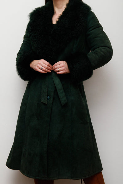 1970's Green Suede Penny Lane Sheepskin Trench Coat