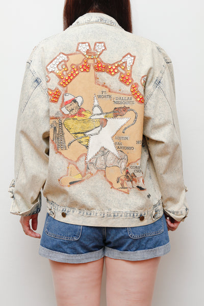 Rare Vintage Western Denim Jacket | Texas Map Rhinestone Cowboy Scene – Country Glam Beyoncé Style