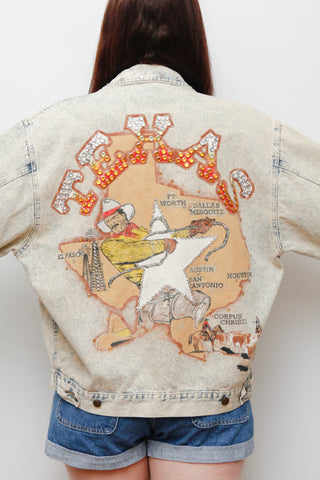 Rare Vintage Western Denim Jacket | Texas Map Rhinestone Cowboy Scene – Country Glam Beyoncé Style