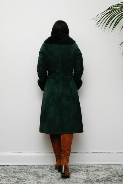 1970's Green Suede Penny Lane Sheepskin Trench Coat