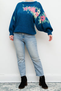 1970's Blue Floral Knitted Mohair Wool Jumper