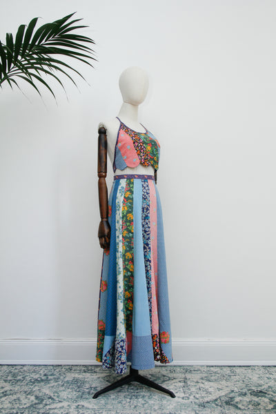 Vintage 1970's Two Piece Patchwork Floral Cotton Skirt and Halter Top