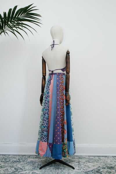 Vintage 1970's Two Piece Patchwork Floral Cotton Skirt and Halter Top