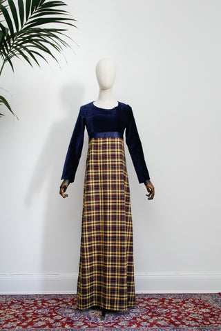 1970's Vintage Velvet Victorian Plaid Maxi Dress