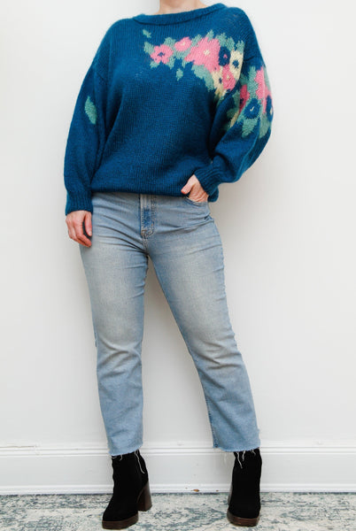 1970's Blue Floral Knitted Mohair Wool Jumper