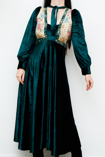 1970's Green Floral Bohemian Velvet Maxi Dress