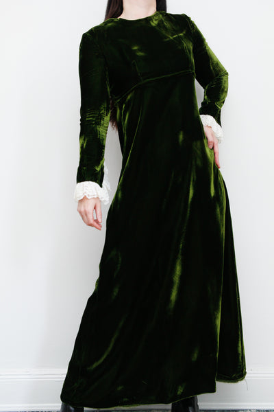 1960's Rare Lorrie Deb Green Velvet Lace Victorian Maxi Dress