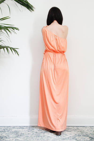 1970's Grecian One Shoulder Peach Maxi Dress