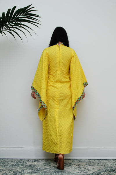 1970's Yellow Cotton Lace Mexican Kaftan Wizard Sleeve Dress