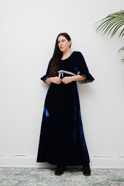 Vintage Blue Velvet Lurex Silver Bow Maxi