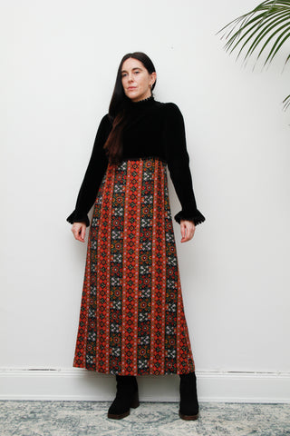 1970's Velvet Floral Fluted Sleeve Cotton Fabric Maxi Dress