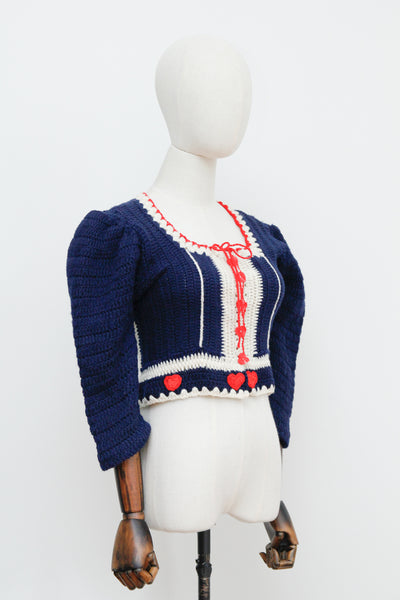 1970's Austrian Folklore Love Heart Mutton Sleeve Knitted Cardigan