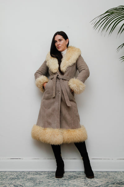 Vintage  Suede Sheepskin Fur Princess Maxi Coat