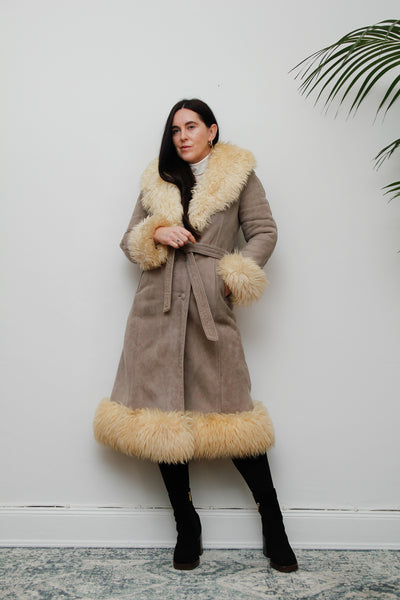 Vintage  Suede Sheepskin Fur Princess Maxi Coat