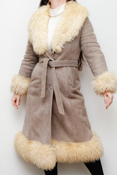 Vintage  Suede Sheepskin Fur Princess Maxi Coat