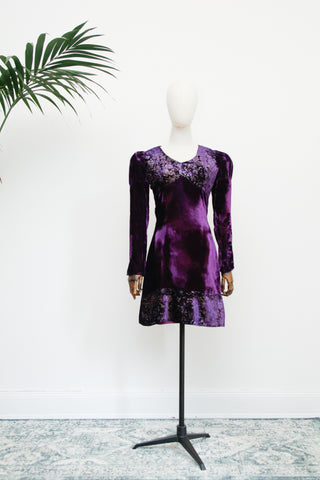 1970's Rare Purple Floral Velvet Mini Dress