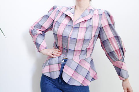 1980's Plaid Checked Glitter Prairie Cotton Blouse