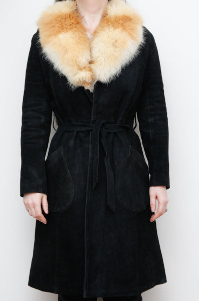 1970's Vintage Black Suede Fox Fur Trench Coat