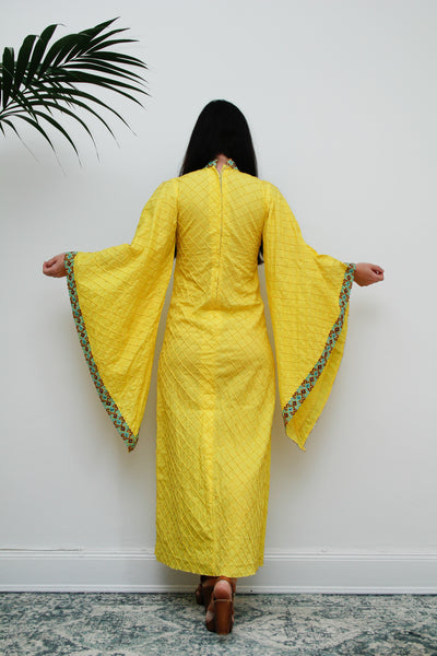 1970's Yellow Cotton Lace Mexican Kaftan Wizard Sleeve Dress