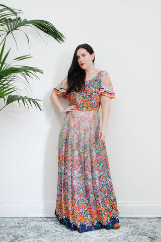 1970's Cotton Flared Cape Sleeve Floral Maxi Dress
