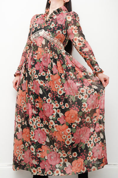 Vintage Floral Cotton Sheer Frilled Maxi Dress